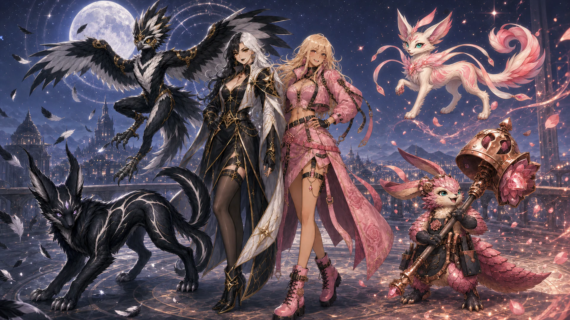 Rachelle and Natalie standing with Vespertilt, Noctilume, Rosette Riveter, and Veloura beneath a moonlit sky
