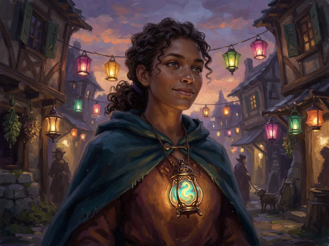 A Beast Binder wearing a glowing vessel pendant in a lantern street