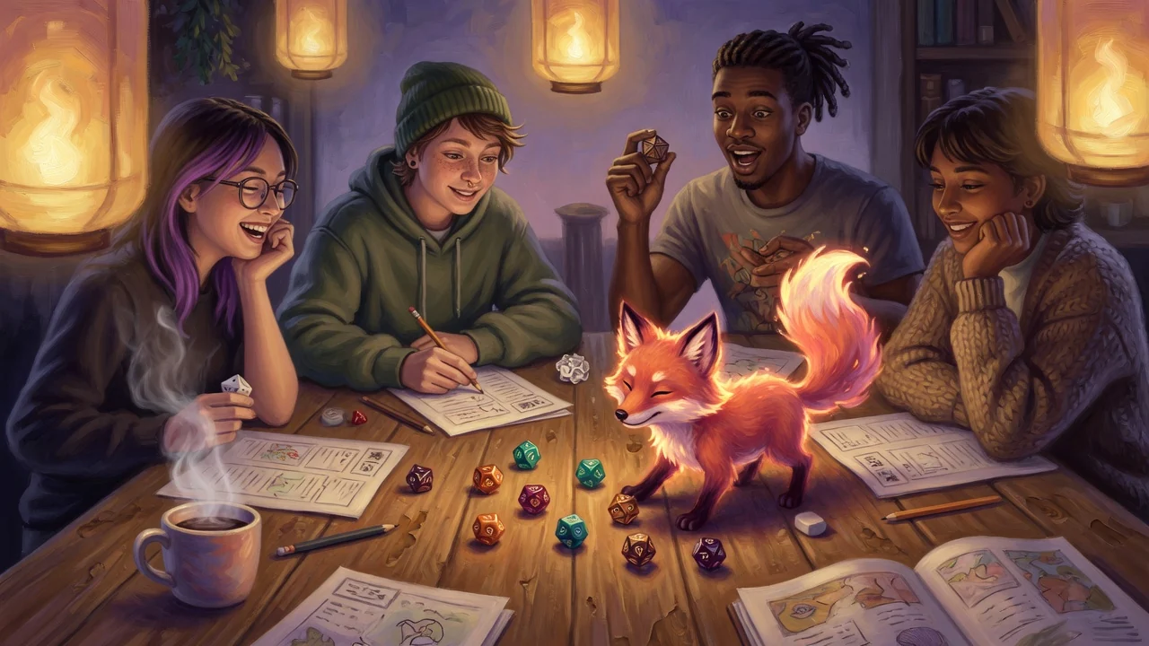 Players around a table with character sheets, dice, and companions