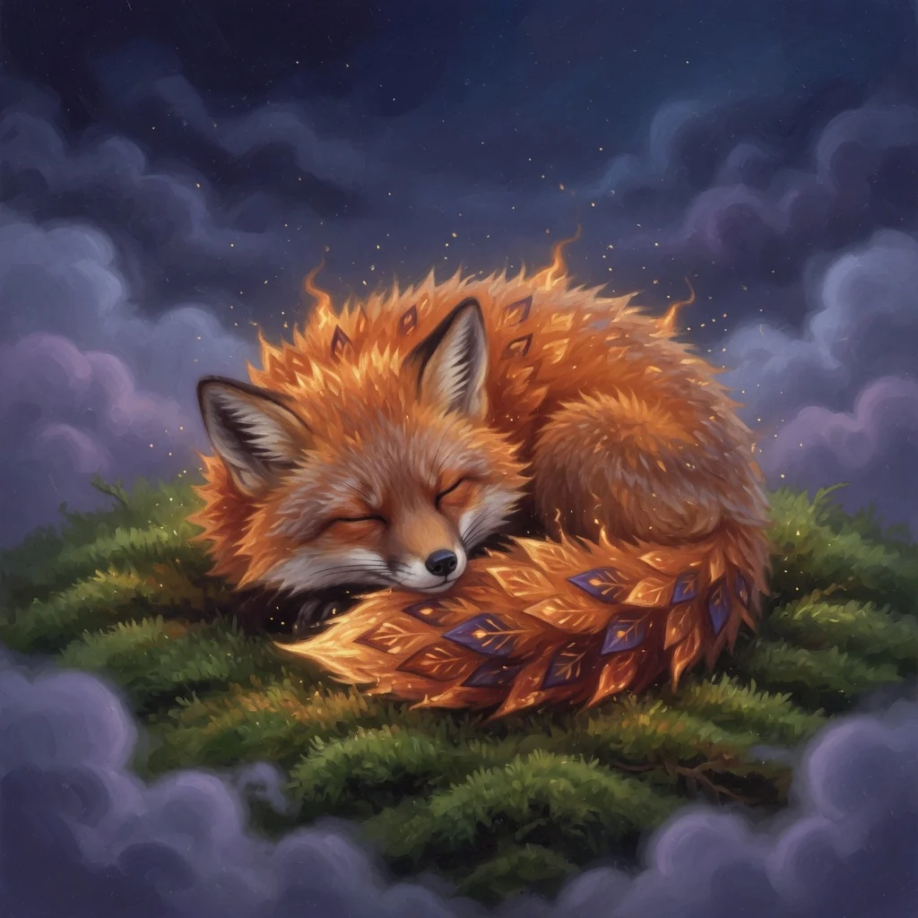 A tiny flame fox curled asleep on moss, inner glow dimmed