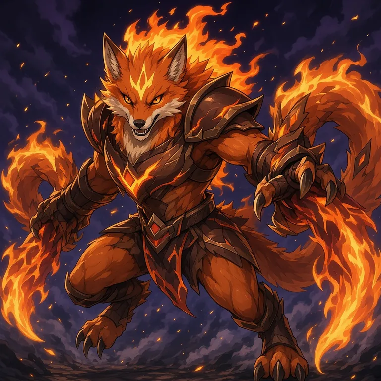 An armored bipedal flame fox with claw gauntlets and fire-blade tails