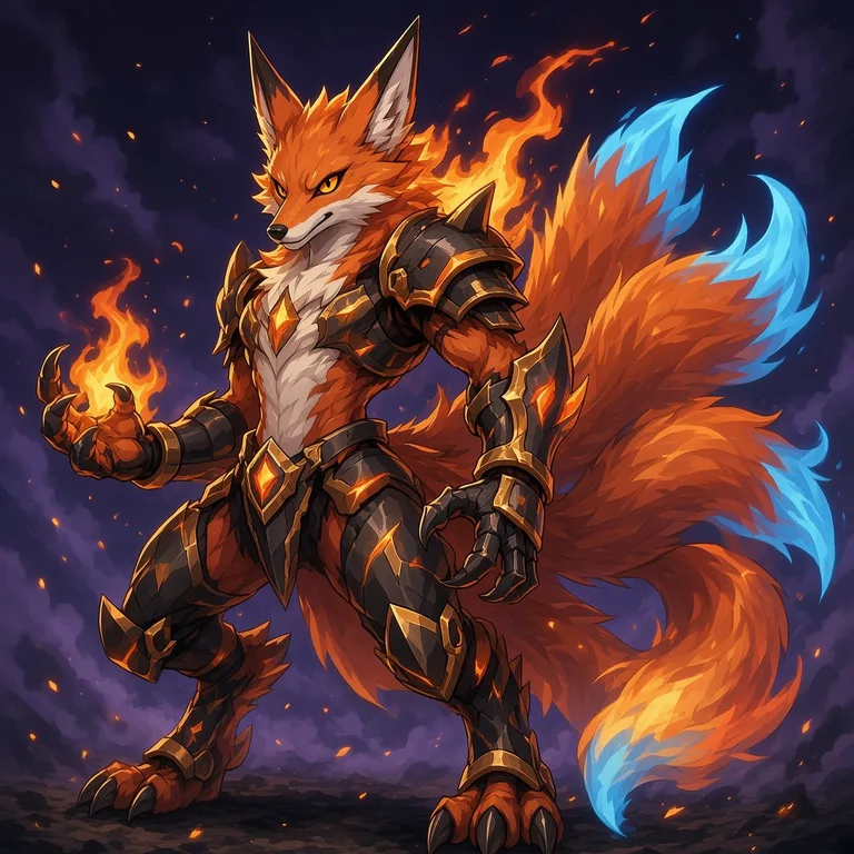 A tall fox-warrior in bronze armor with cyan-tipped flame tails