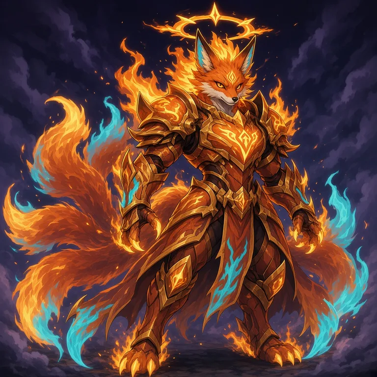 A crowned armored fox-spirit warform with many cyan-edged flame tails