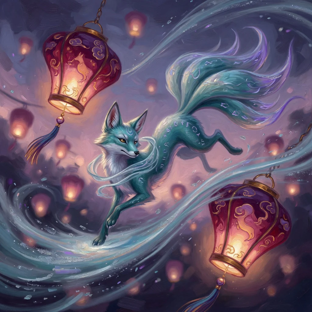 A teal wind fox leaping between hanging lanterns