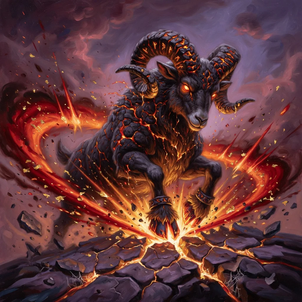 A stone-and-ember ram slamming cracked rock