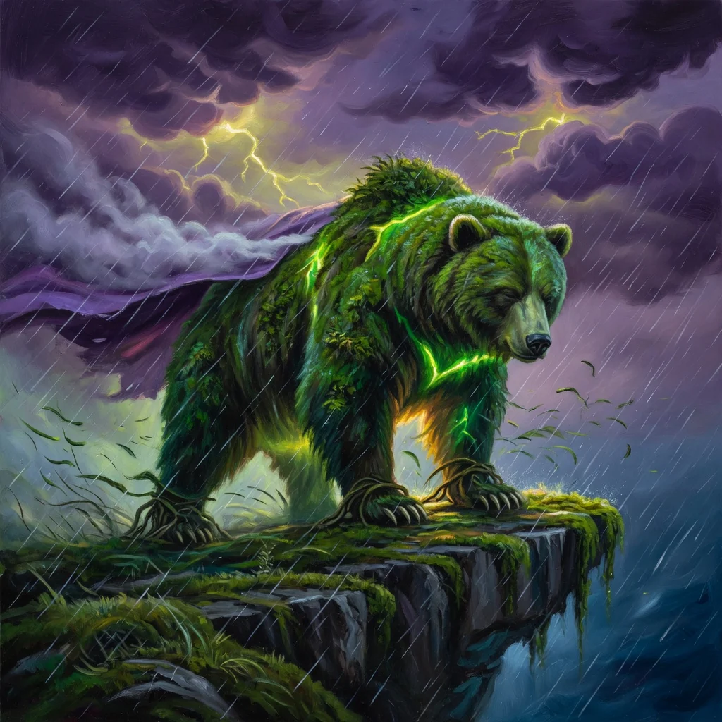 A moss bear braced on a cliff in a storm