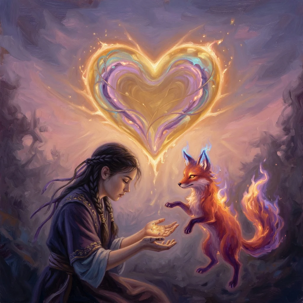 A binder and flame fox sharing a glowing heart of aether