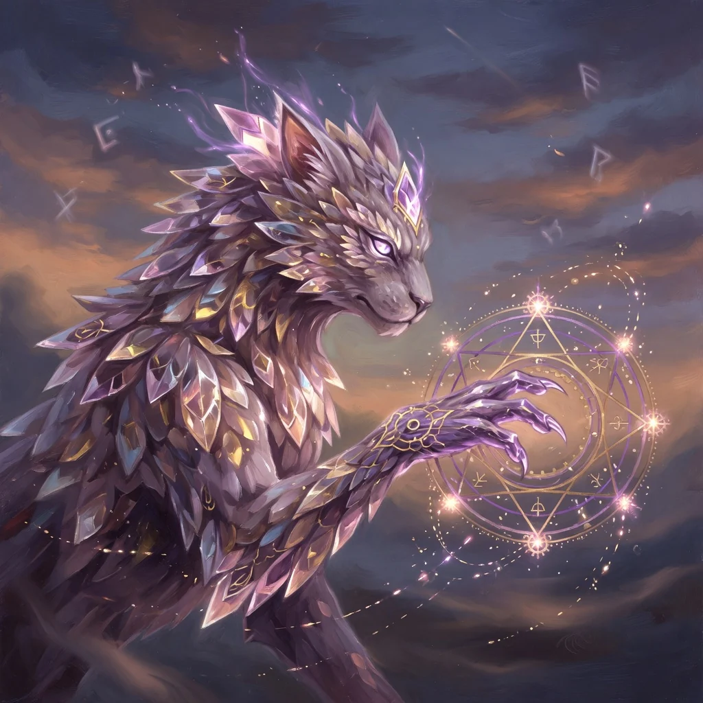 A crystal beast tracing a precise aether sigil