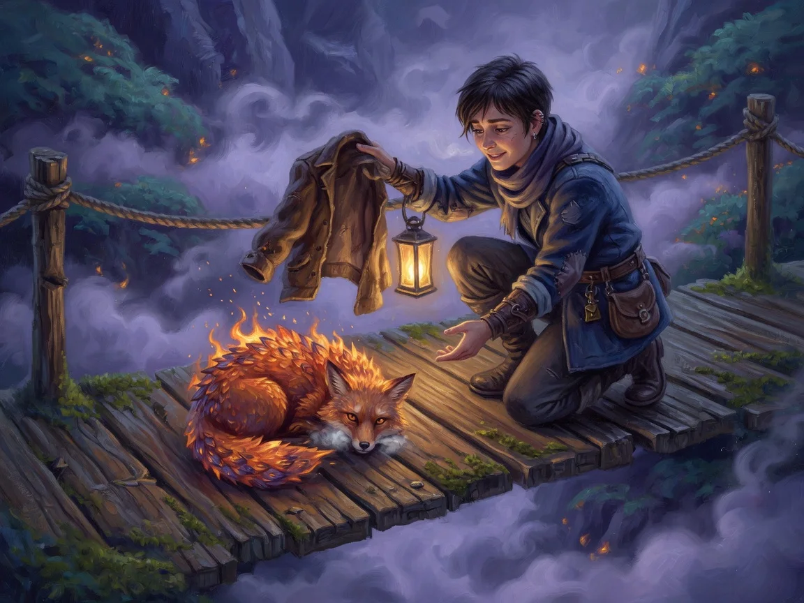 A traveler offering a jacket to a small flame fox on a night bridge