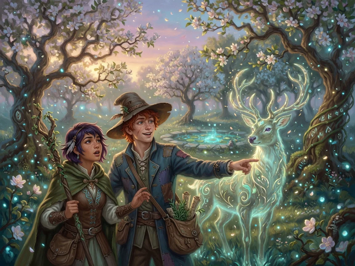 Two binders meeting a glowing nature deer in a blossom grove