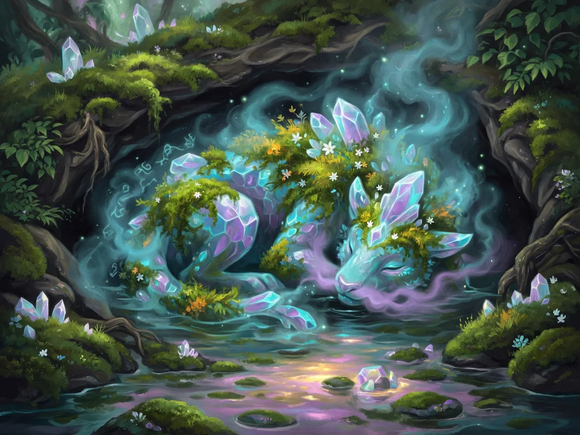 A slumbering crystal-and-moss Arcana Beast in a river hollow