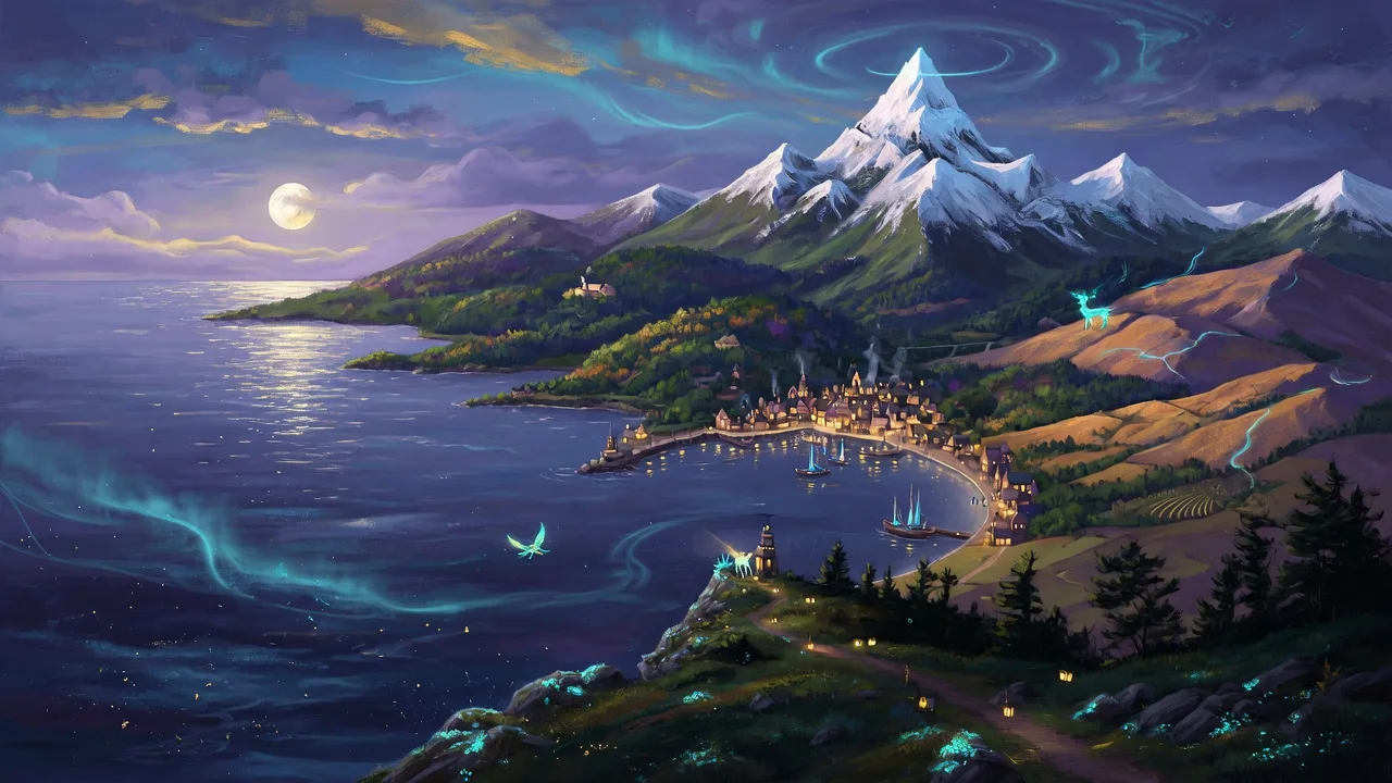 A moonlit coast, lantern harbor, and snow peak of the Arcana Beast world